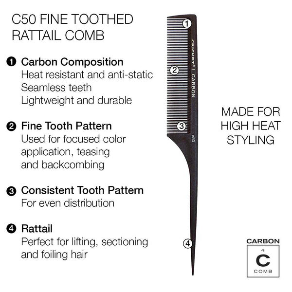 Carbon Comb C50 Fine Toothed Rattail Comb