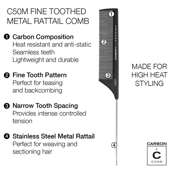 Carbon Comb C50M Fine Tooth Metal Rattail