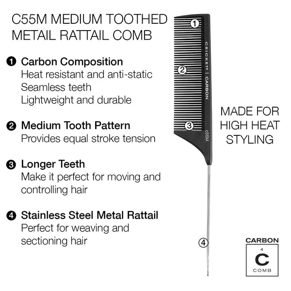 Carbon Comb C55M Medium Tooth Metal Rattail