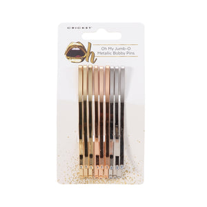 Image of 9 large arched bobby pins, 3 silver, 3 rose gold, 3 gold on backer card packaging that says: OH MY JUMB-O METALLIC BOBBY PINS on a white background