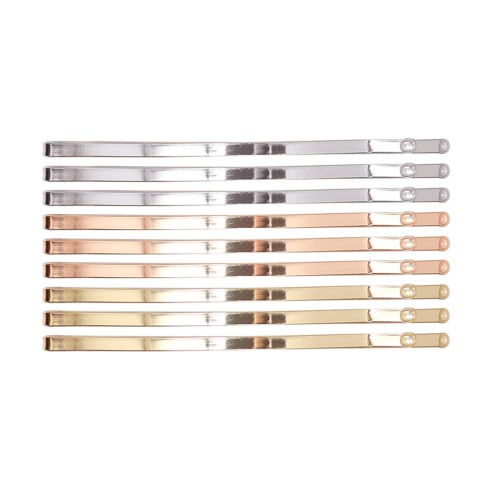 Image of 9 large arched bobby pins, 3 silver, 3 rose gold, 3 gold on a white background