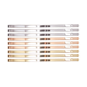 Image of 9 large arched bobby pins, 3 silver, 3 rose gold, 3 gold on a white background