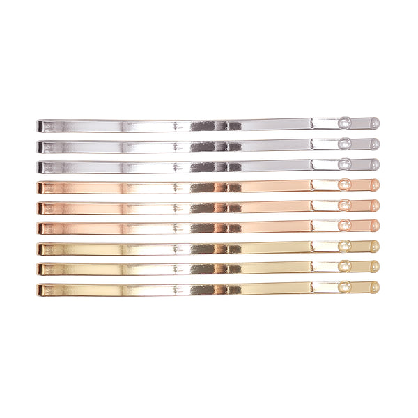Image of 9 large arched bobby pins, 3 silver, 3 rose gold, 3 gold on a white background
