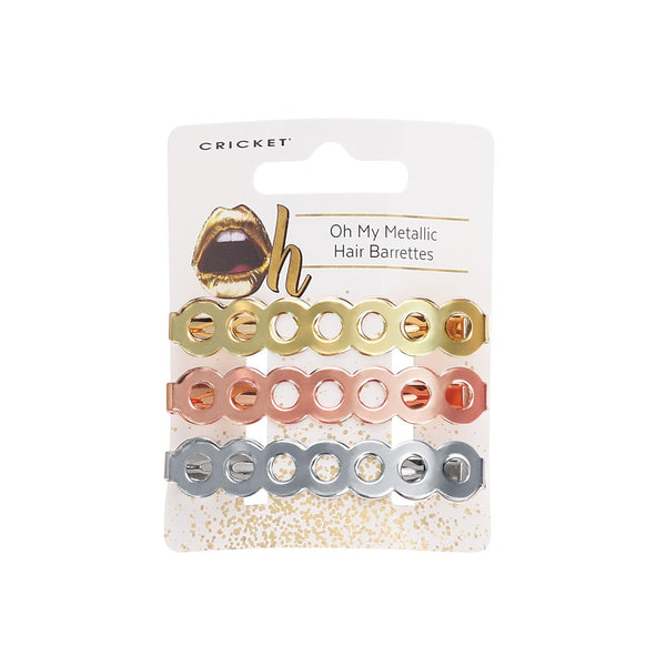 Image of three barrettes that have a row of circles for each barrette in gold, rose gold & silver on a backer card that says Oh My Metallic Hair Barrettes on a white background