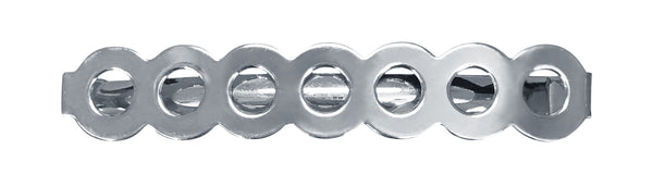 Image of a barrette that has a row of circles  in silver on a white background