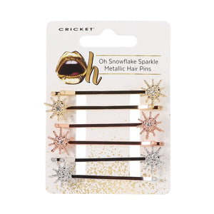 Image of 6 bobby pins that have a small snowflake shape at the end of the bobby pin with a faux crystal. 2 of each metallic color: gold, rose gold & silver on a backer card that states: OH SNOWFLAKE SPARKLE METALLIC HAIR PINS