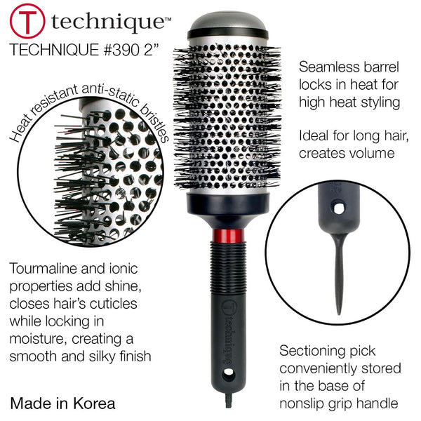 Hair styling brush with round bristle head and black handle on a white background