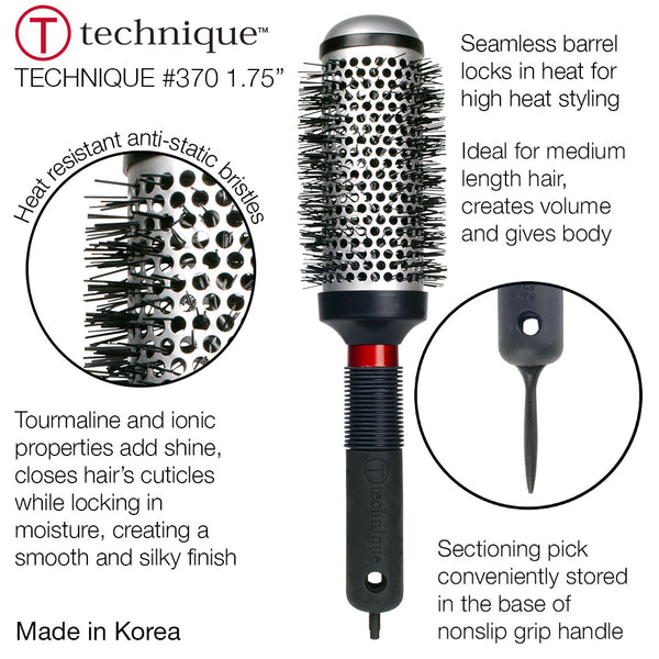 Hair styling brush with round bristle head and black handle on a white background