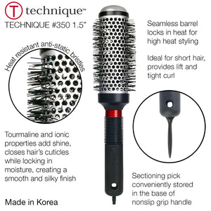 Technique #350 1.5 inch round hairbrush with a black barrel, silver metal bristles, and a black handle with a red accent ring.