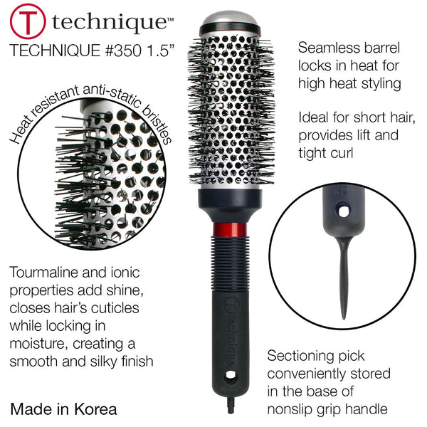 Technique #350 1.5 inch round hairbrush with a black barrel, silver metal bristles, and a black handle with a red accent ring.