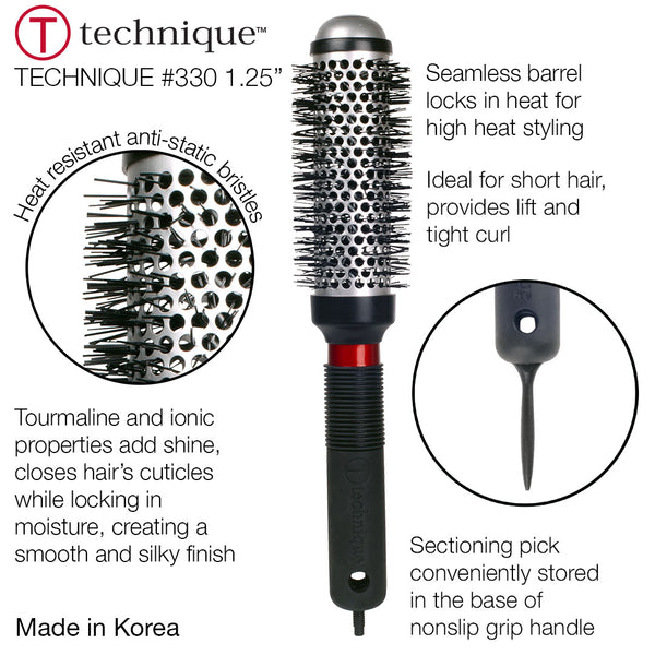 Hair styling brush with round bristle head and black handle on a white background