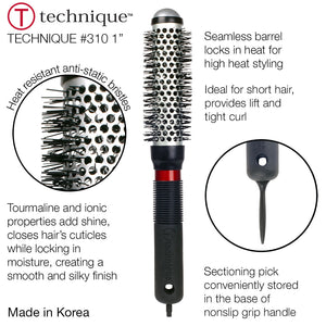Hair styling brush with round bristle head and black handle on a white background