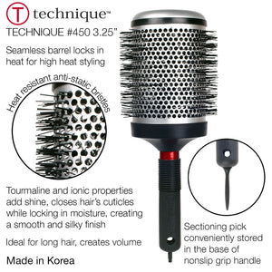 Hair styling brush with round bristle head and black handle on a white background