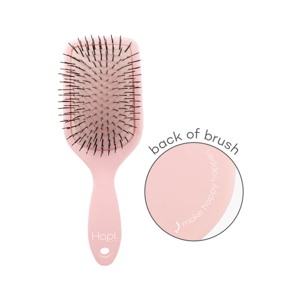 Hapi Anti-Static Joy Paddle Brush Large with closeup inset image of the back of the brush with the words: Make Happy Happen