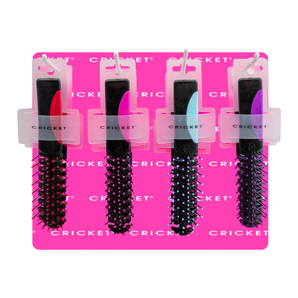 12 Piece display of the Static Free Volumizer Vent Hair Brushes in new colors, Red, Hot Pink, Blue & Purple