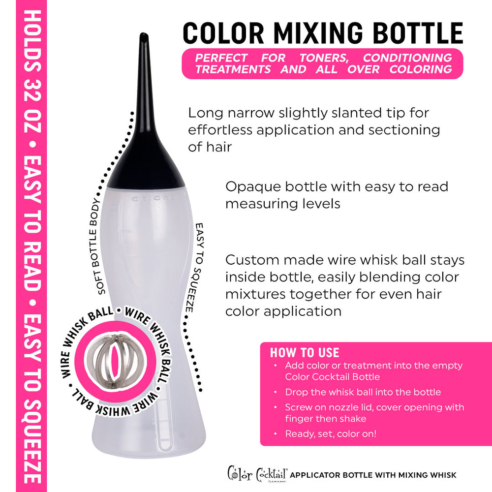 Hair Coloring Dye Bottle Clear with Black Lid and Mixing Whisk Ball on White Background
