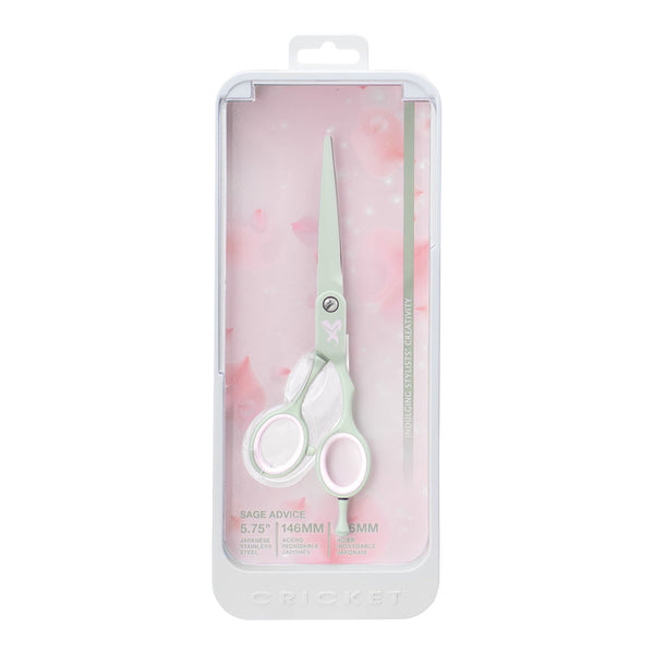 In Packaging full view of closed Shear Xpressions 5.75” Sage Advice pale sage green, professional haircutting shear