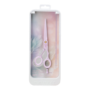 In packaging with full view of closed Shear Xpressions 5.75” Lily of the Aisle pale purple, professional haircutting shear