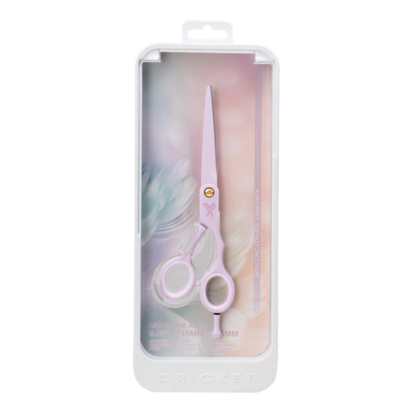 In packaging with full view of closed Shear Xpressions 5.75” Lily of the Aisle pale purple, professional haircutting shear