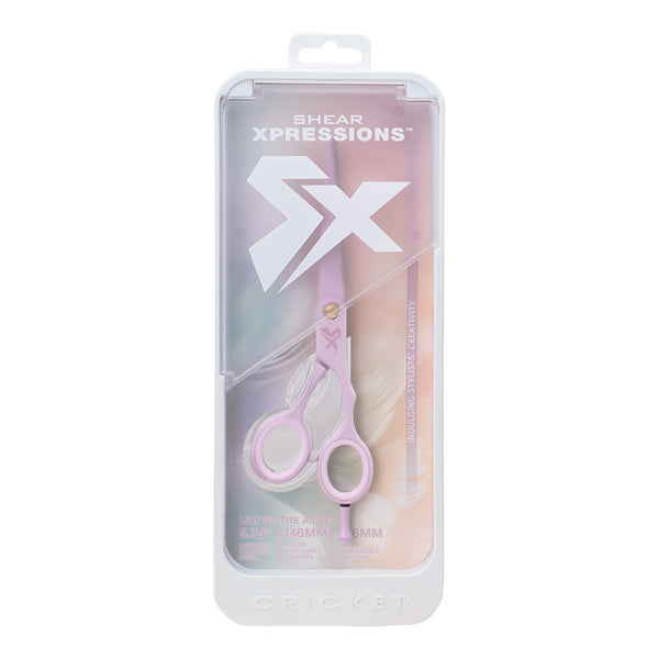 In packaging closed Shear Xpressions 5.75” Lily of the Aisle pale purple, professional haircutting shear