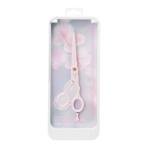 In packaging with full view of the closed Shear Xpressions 5.75” Delicate Flower pale pink, professional haircutting shear