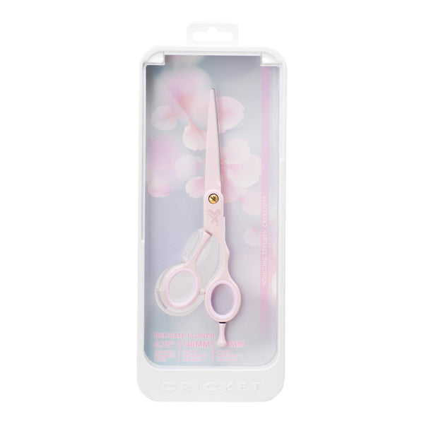 In packaging with full view of the closed Shear Xpressions 5.75” Delicate Flower pale pink, professional haircutting shear