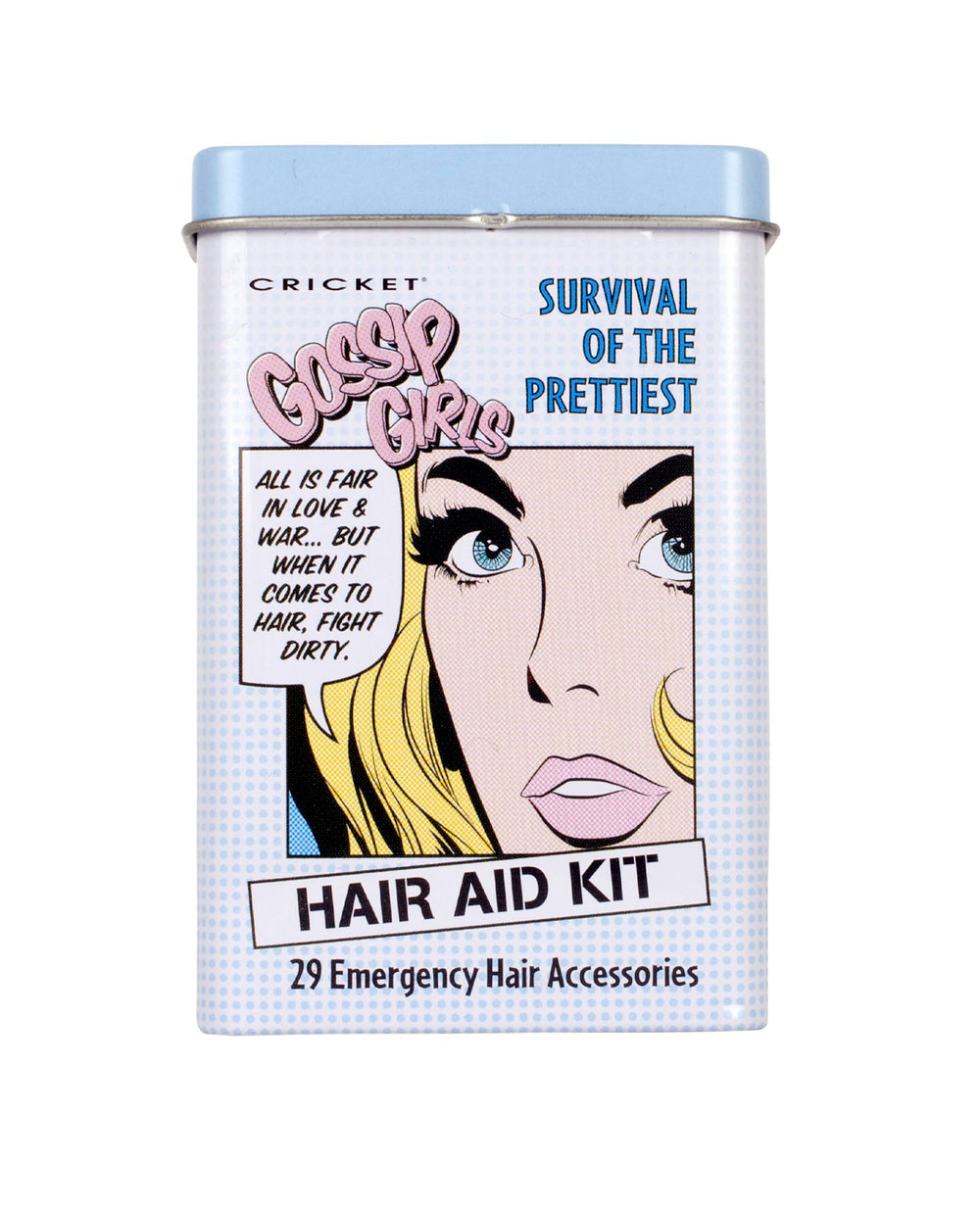 A rectangular metal tin for the Cricket Gossip Girl Hair Aid Kit, featuring a pop-art illustration of a woman's face with blonde hair, blue eyes, and pink lips on a white background with a light blue grid pattern.