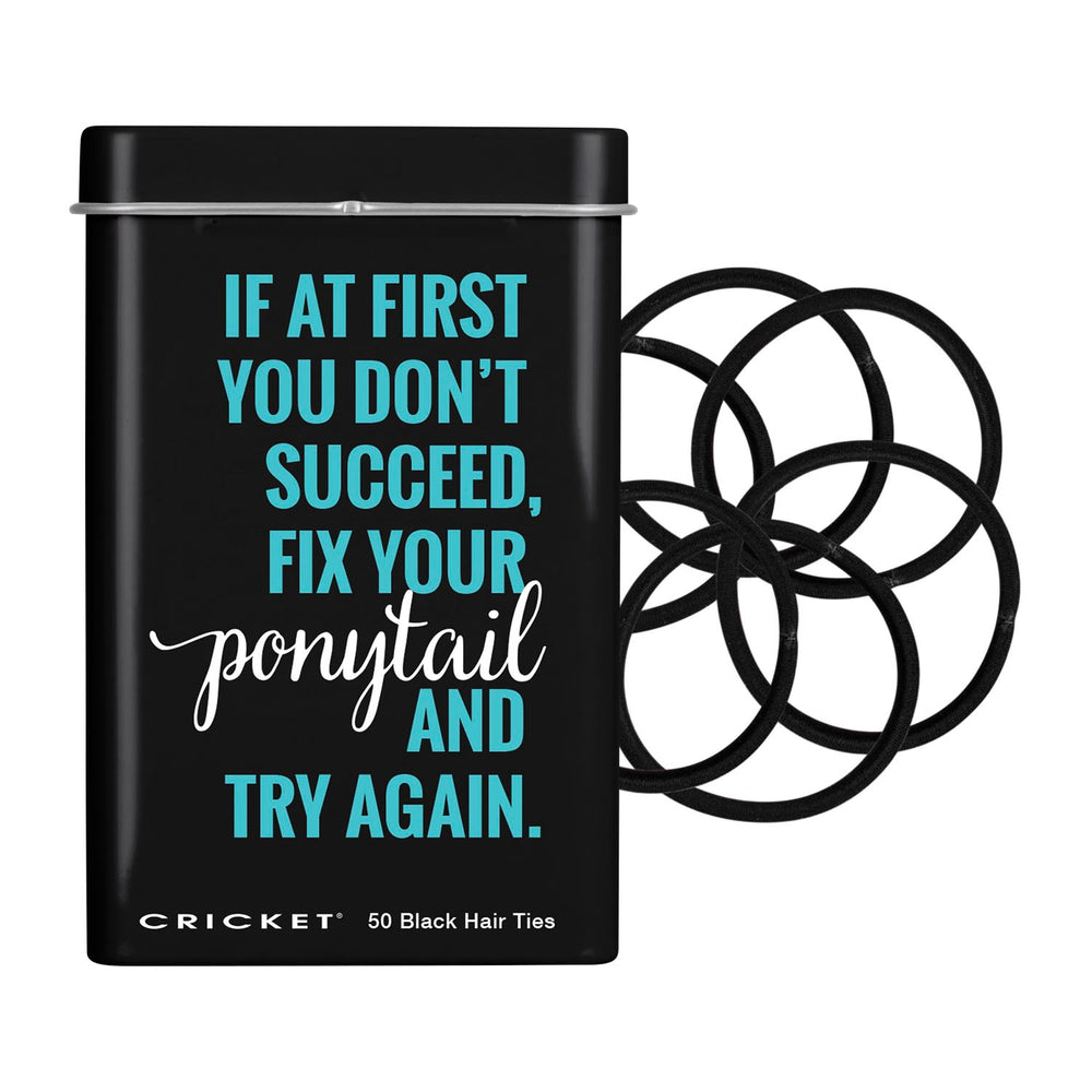 Fix Your Ponytail black tin box on a white background