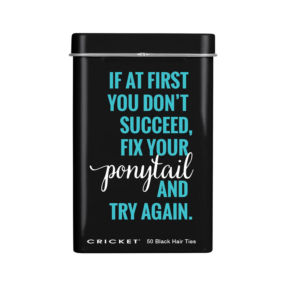 Fix Your Ponytail black tin box on a white background