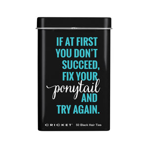 Fix Your Ponytail black tin box on a white background