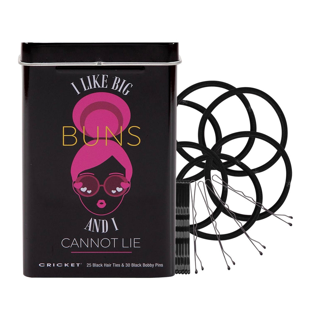 A rectangular black tin package for Cricket 25 Black Hair Ties and 30 Black Bobby Pins, featuring a graphic of a woman with pink buns and the text 'I LIKE BIG BUNS AND I CANNOT LIE'.