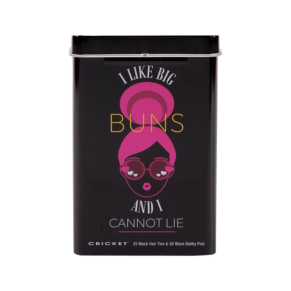 A rectangular black tin package for Cricket 25 Black Hair Ties and 30 Black Bobby Pins, featuring a graphic of a woman with pink buns and the text 'I LIKE BIG BUNS AND I CANNOT LIE'.