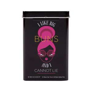 A rectangular black tin package for Cricket 25 Black Hair Ties and 30 Black Bobby Pins, featuring a graphic of a woman with pink buns and the text 'I LIKE BIG BUNS AND I CANNOT LIE'.