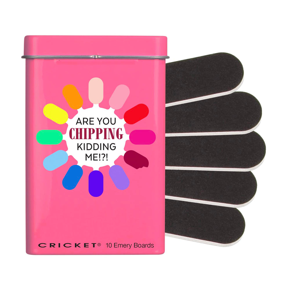 A pink rectangular metal tin of Cricket Chipping Kidding Me! Emery Boards, featuring a colorful circular graphic with text in the center and 'CRICKET 10 Emery Boards' printed at the bottom.
