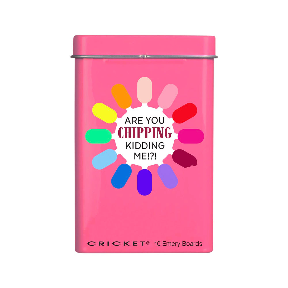 A pink rectangular metal tin of Cricket Chipping Kidding Me! Emery Boards, featuring a colorful circular graphic with text in the center and 'CRICKET 10 Emery Boards' printed at the bottom.