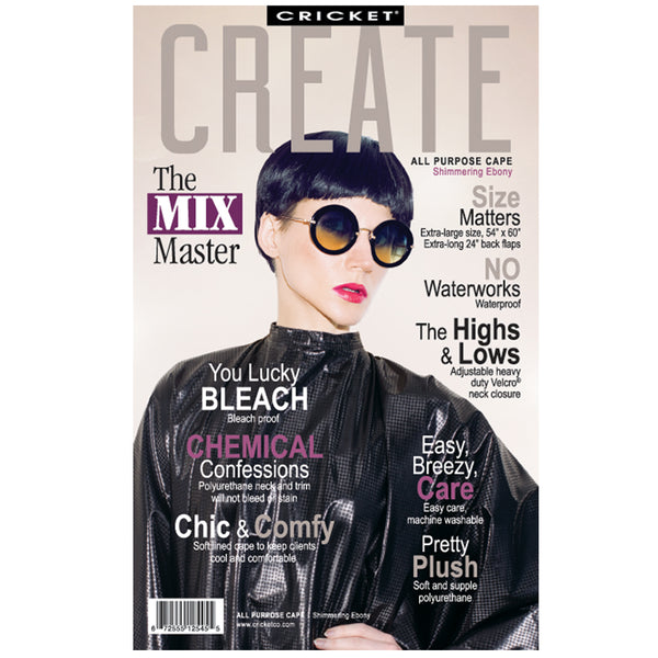 Packaging cover of black all purpose salon cape on a model with short black hair