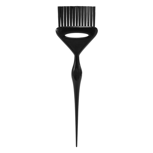 Black hair coloring brush with wide bristle head and narrow handle on a white background