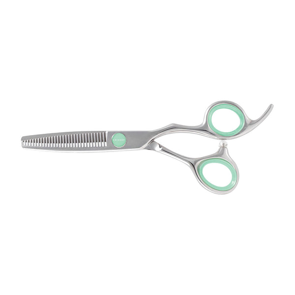 Metallic silver hairdressing scissors with mint green accents on the handles and a matching mint green logo button, shown on a plain white background.