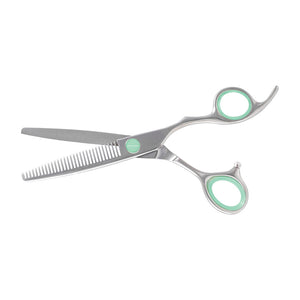 Silver metal tin shears with a comb blade and mint green accents on the handles and pivot, shown on a plain white background.