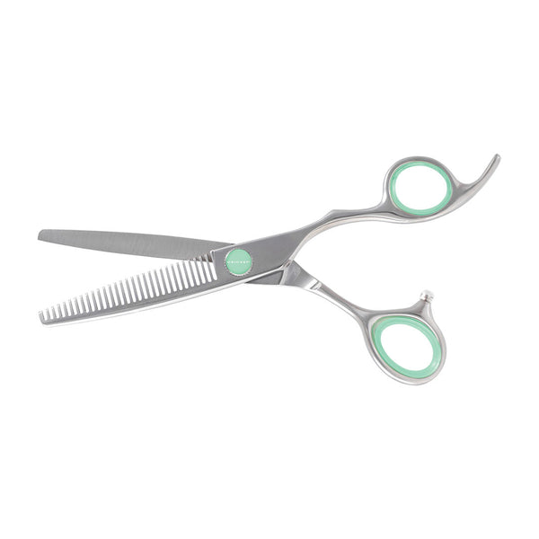 Silver metal tin shears with a comb blade and mint green accents on the handles and pivot, shown on a plain white background.