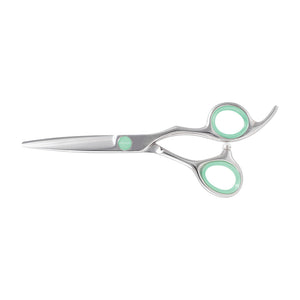 Silver professional hair shears with mint green accents on the finger rings and pivot screw, shown against a solid white background.