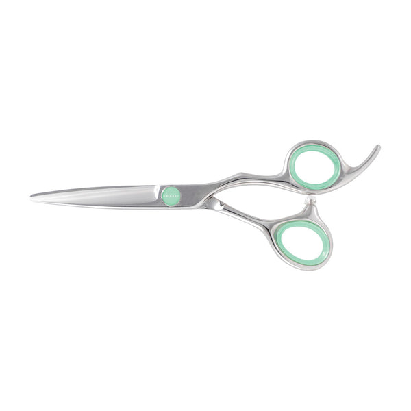 Silver professional hair shears with mint green accents on the finger rings and pivot screw, shown against a solid white background.