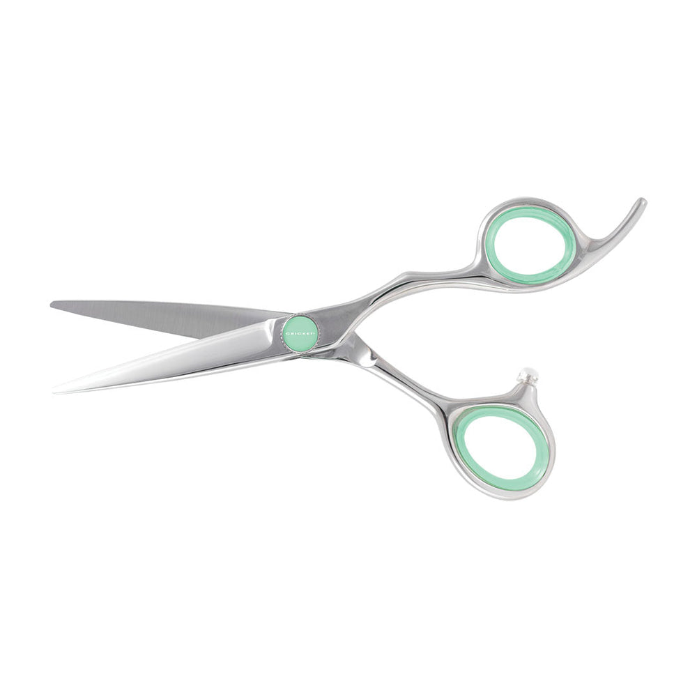 Silver professional hair shears with mint green accents on the finger rings and pivot screw, shown against a solid white background.