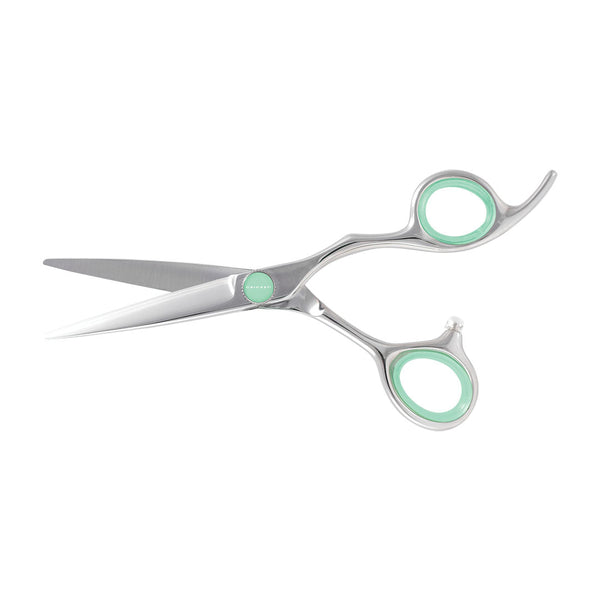 A pair of professional hair shears with polished silver stainless steel blades and handles, featuring light mint green accents on the inner handle rings and pivot screw, set against a solid white background.