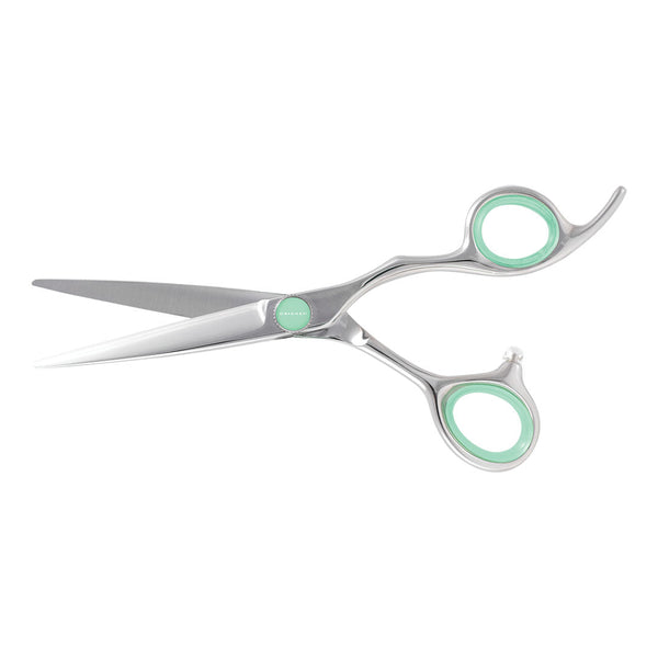 Metallic silver hair shears with mint green accents on the center pivot and the circular finger rings, shown against a solid white background.