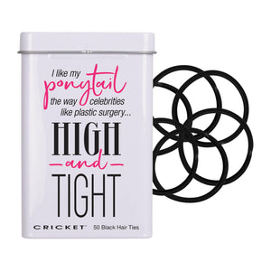 A white metal tin labeled 'CRICKET 50 Black Hair Ties' with pink and black text, shown next to five black elastic hair ties on a plain white background.