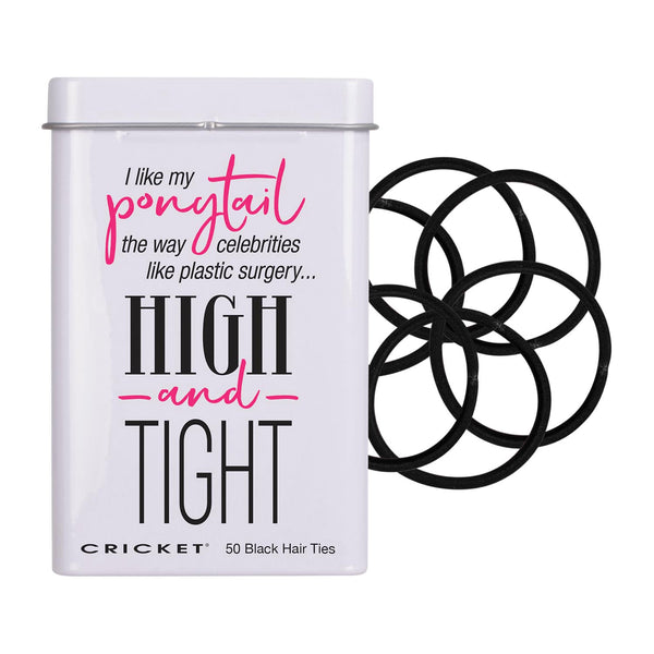 A white metal tin labeled 'CRICKET 50 Black Hair Ties' with pink and black text, shown next to five black elastic hair ties on a plain white background.