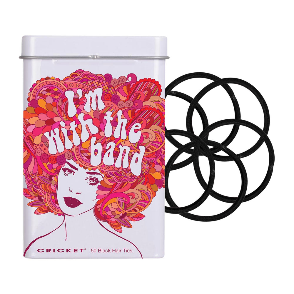 A white rectangular tin of CRICKET brand black hair ties, featuring a colorful retro illustration of a woman with a large patterned afro and the text 'I'm with the band' on the front.  Cricket logo on the bottom, along side 50 Black Hair Ties