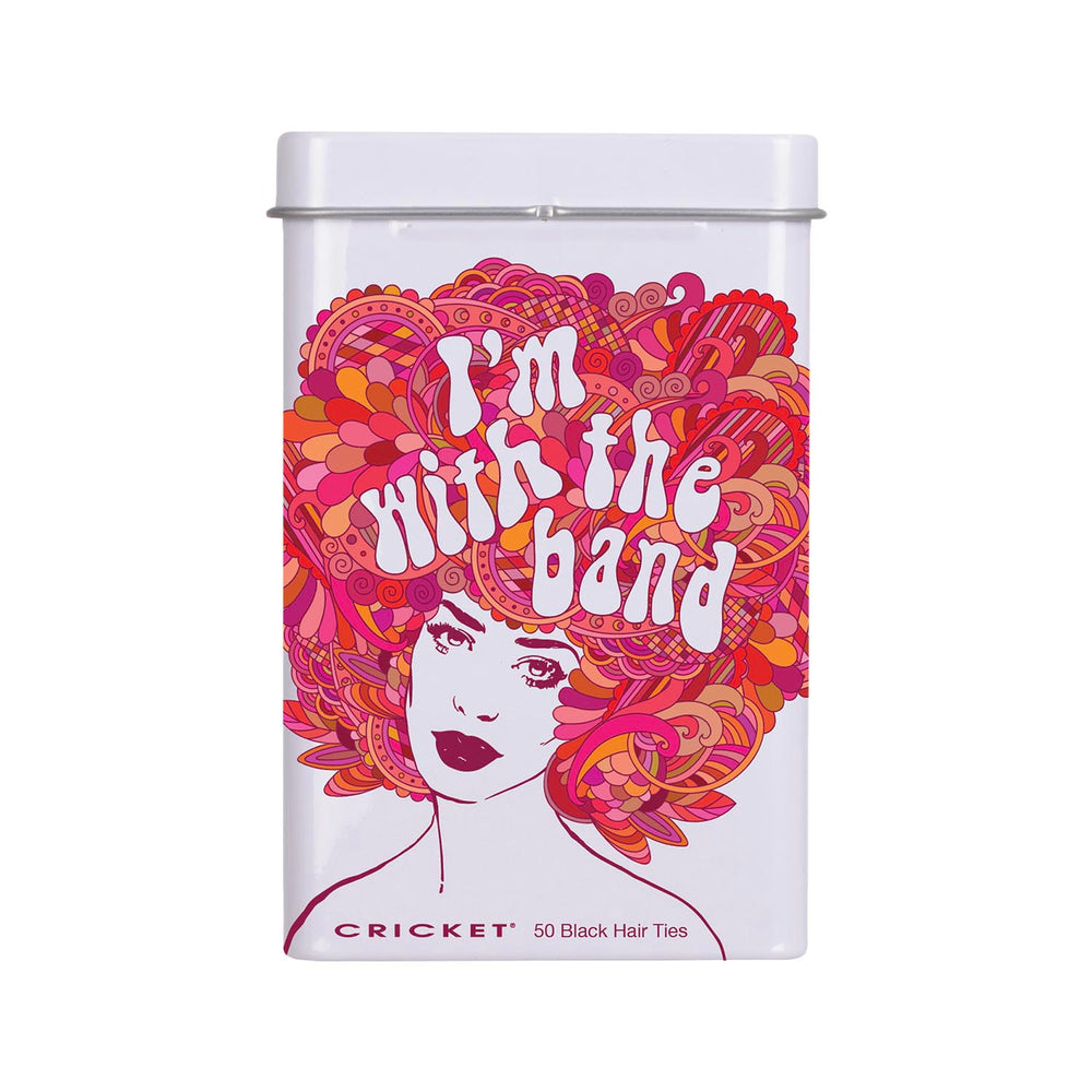 A white rectangular tin of CRICKET brand black hair ties, featuring a colorful retro illustration of a woman with a large patterned afro and the text 'I'm with the band' on the front.  Cricket logo on the bottom, along side 50 Black Hair Ties