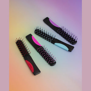 4 Static Free Volumizer Vent Hair Brushes in new colors, Red, Hot Pink, Blue & Purple on colorful background